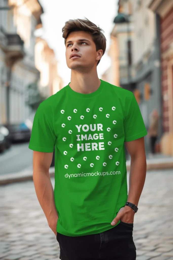 Man Wearing Green T-shirt Mockup Front View Template