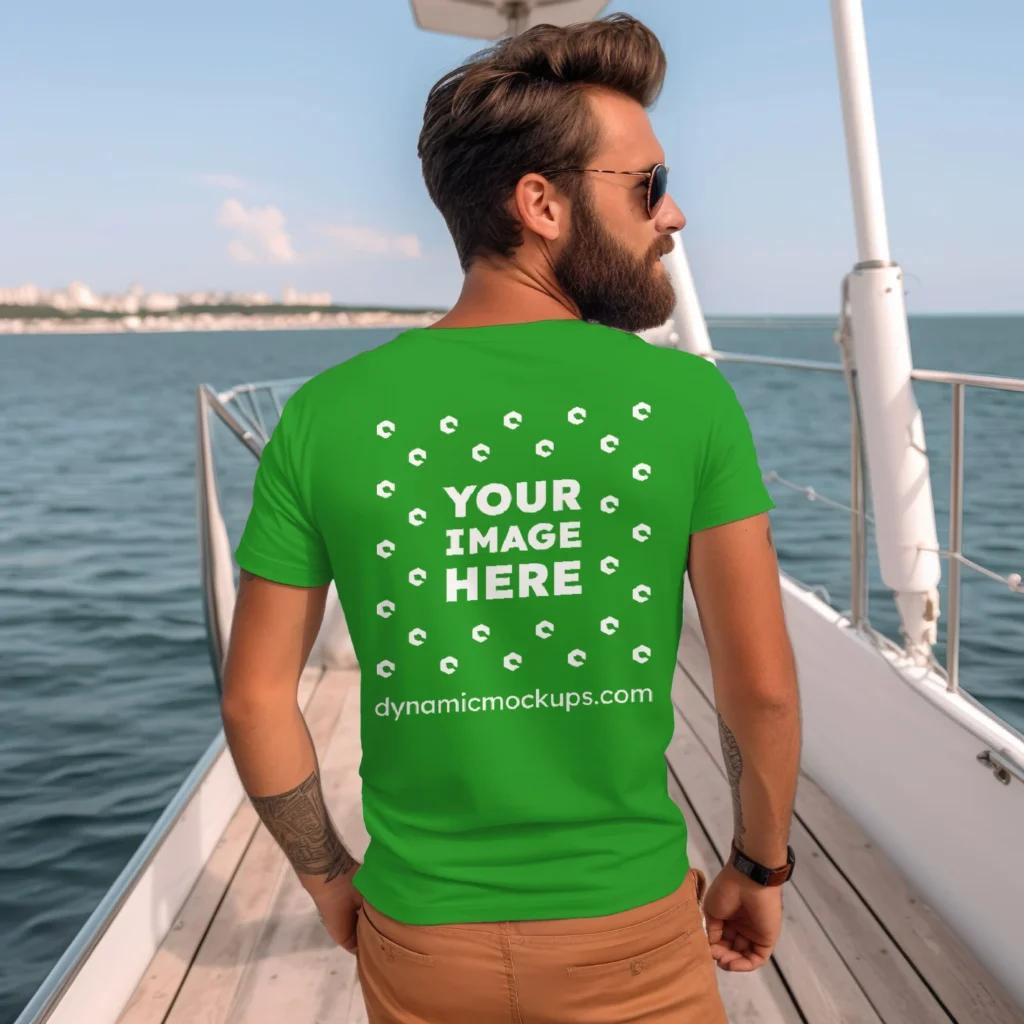 Man Wearing Green T-shirt Mockup Back View Template