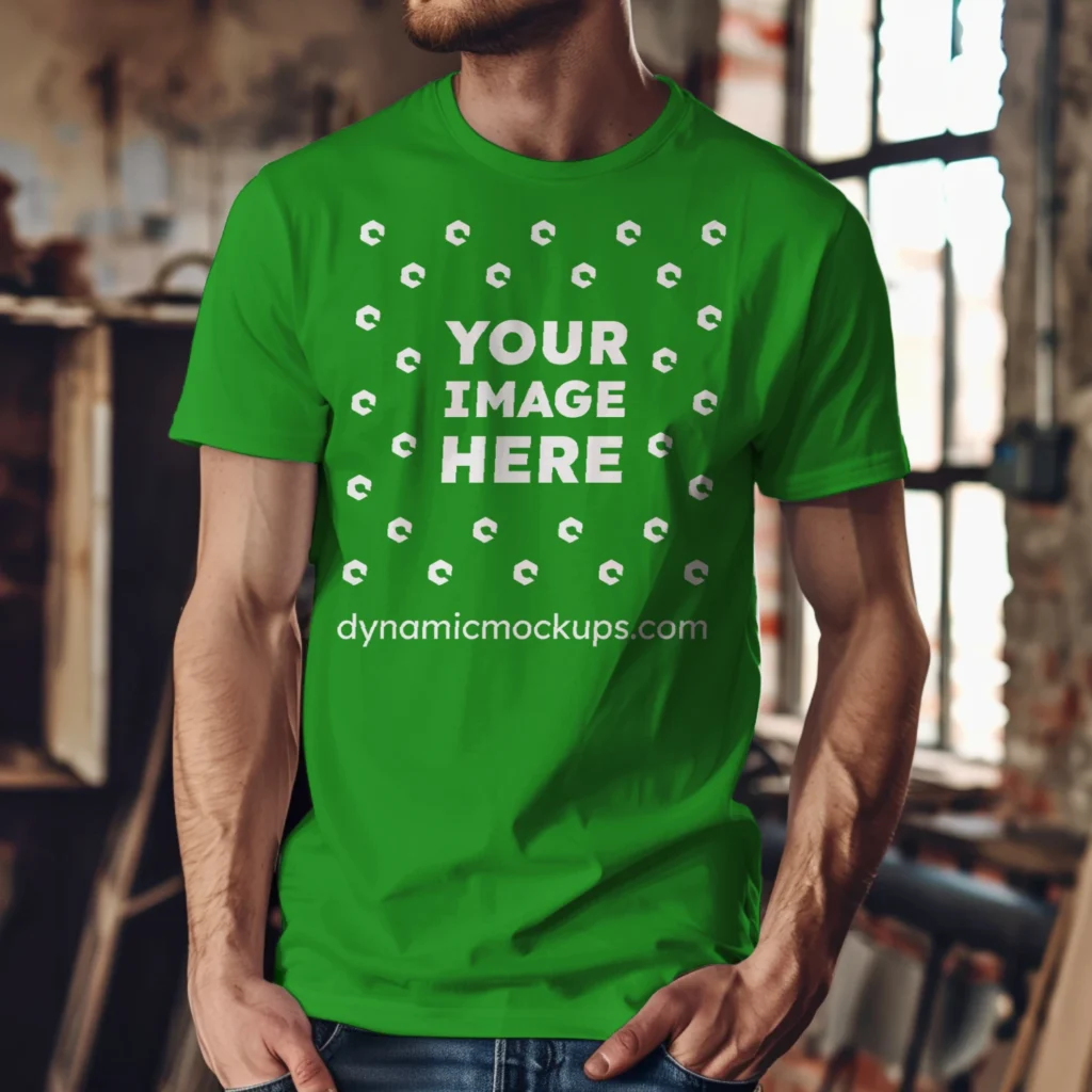 Man Wearing Green T-shirt Mockup Front View Template