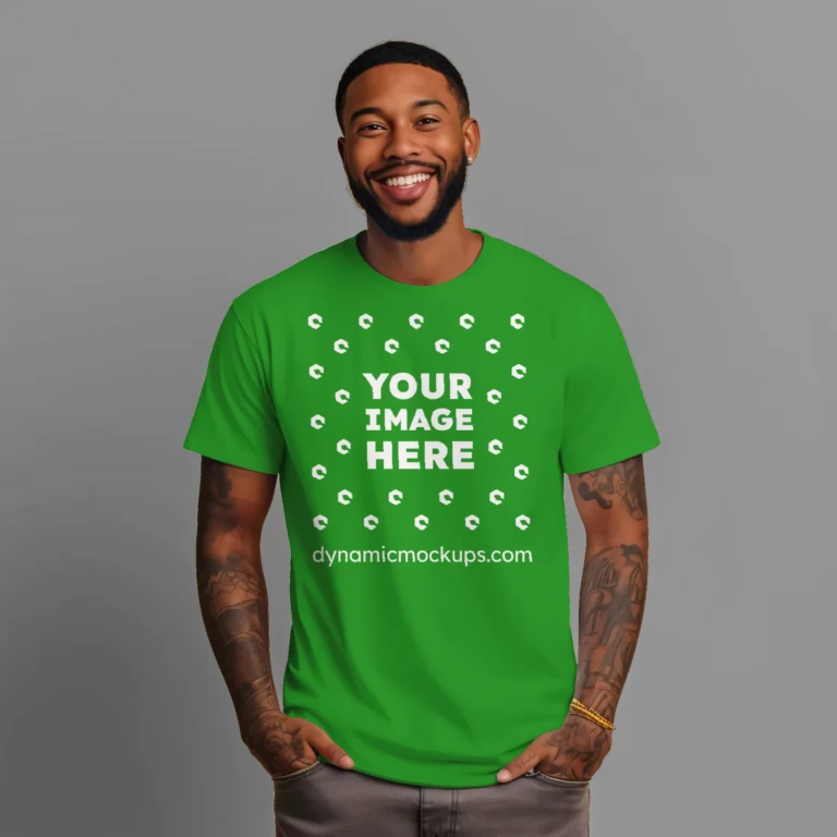 Man Wearing Green T-shirt Mockup Front View Template