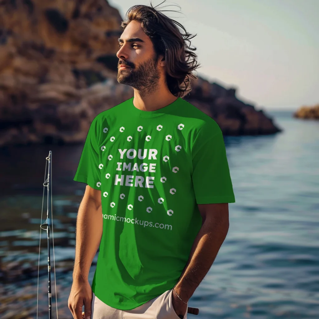 Man Wearing Green T-shirt Mockup Front View Template