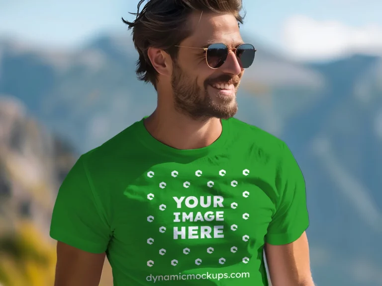 Man Wearing Green T-shirt Mockup Front View Template