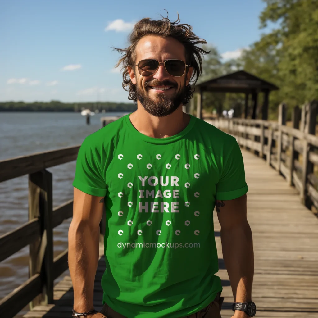 Man Wearing Green T-shirt Mockup Front View Template