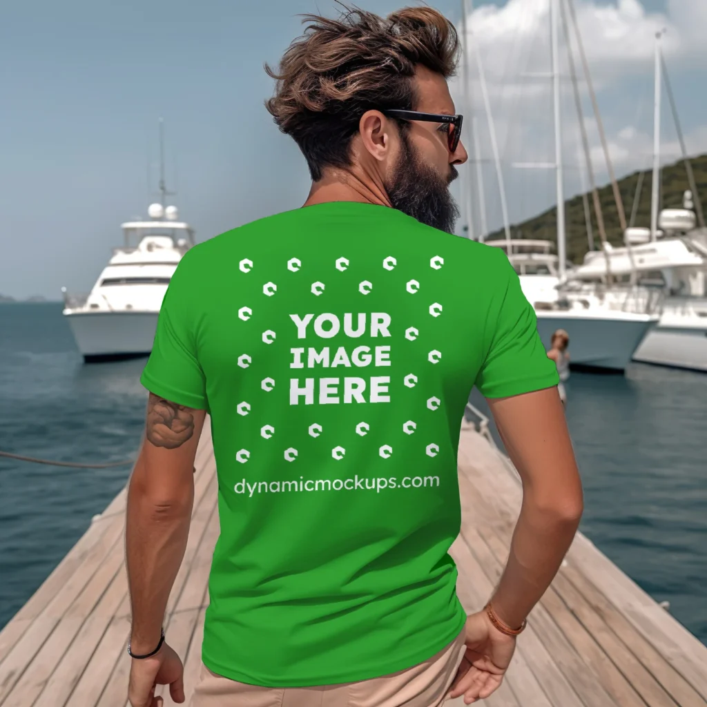 Man Wearing Green T-shirt Mockup Back View Template