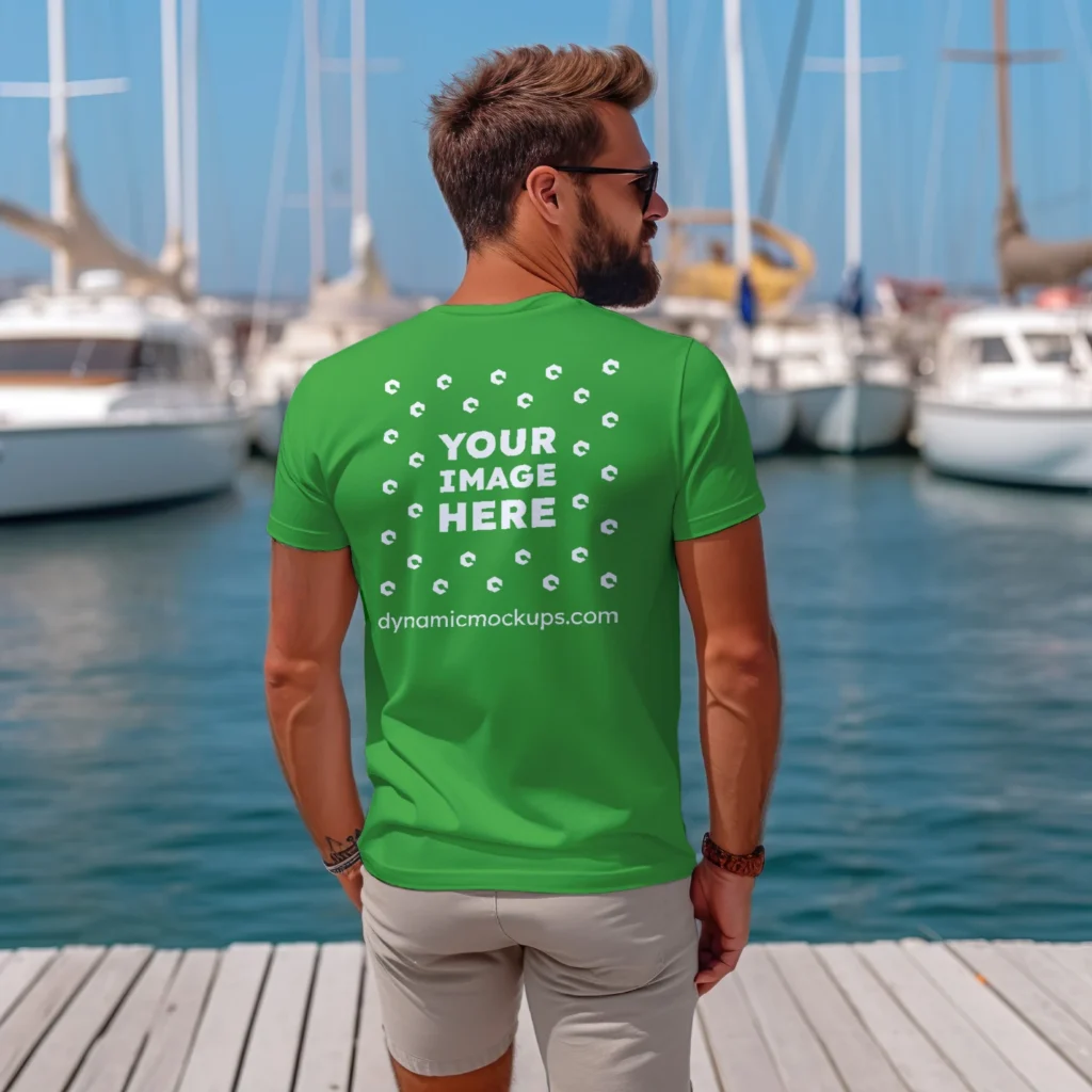 Man Wearing Green T-shirt Mockup Back View Template