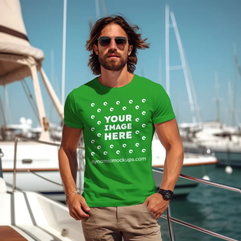 Man Wearing Green T-shirt Mockup Front View Template