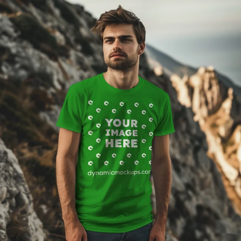 Man Wearing Green T-shirt Mockup Front View Template