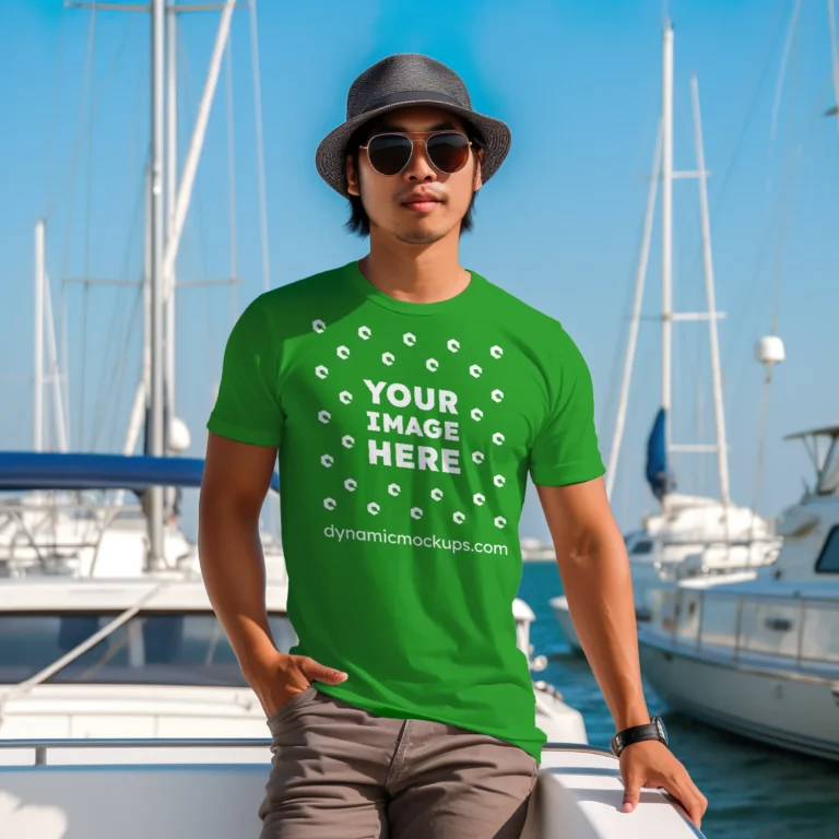 Man Wearing Green T-shirt Mockup Front View Template