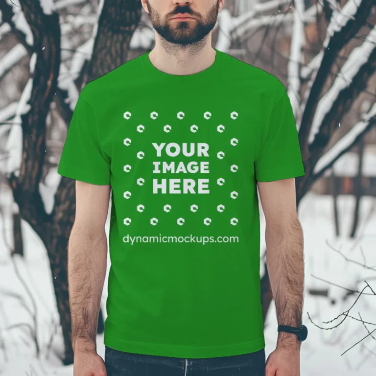 Man Wearing Green T-shirt Mockup Front View Template