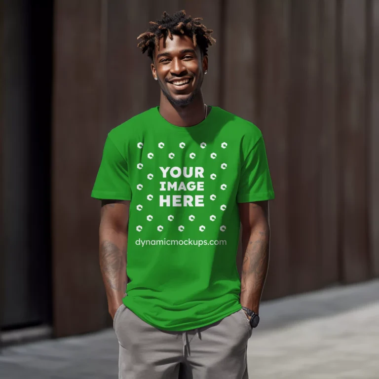 Man Wearing Green T-shirt Mockup Front View Template