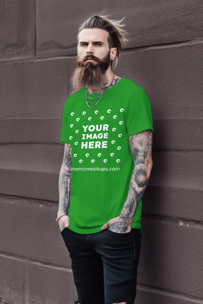 Man Wearing Green T-shirt Mockup Front View Template