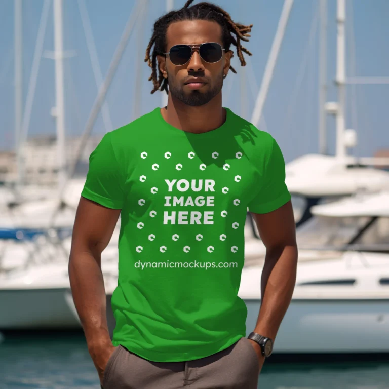 Man Wearing Green T-shirt Mockup Front View Template