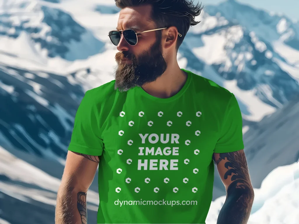 Man Wearing Green T-shirt Mockup Front View Template