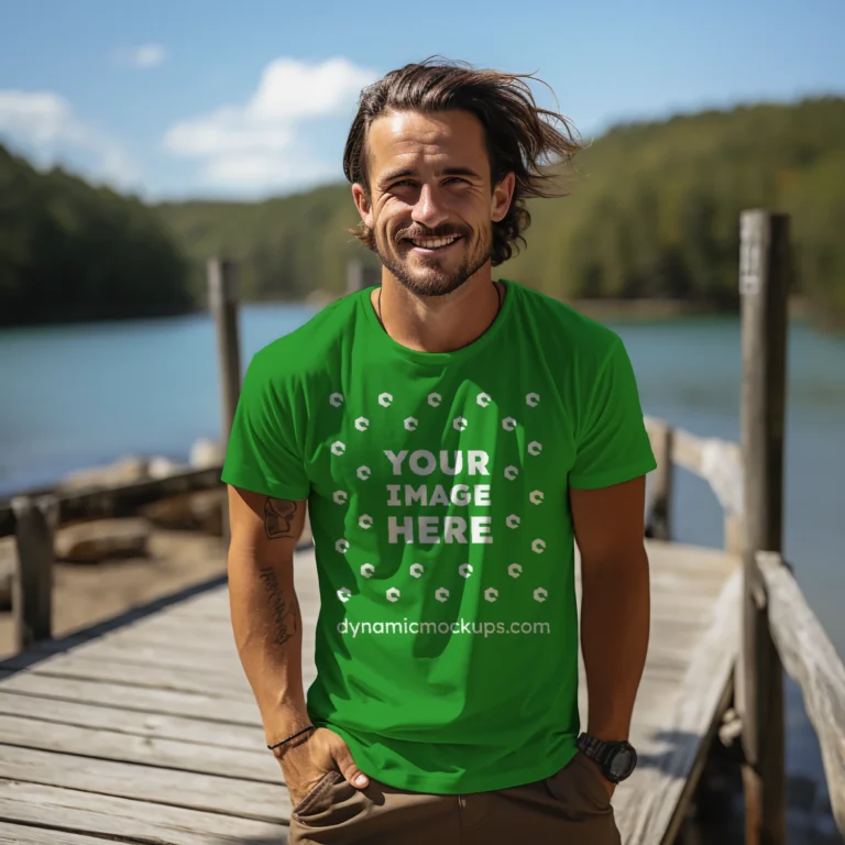 Man Wearing Green T-shirt Mockup Front View Template