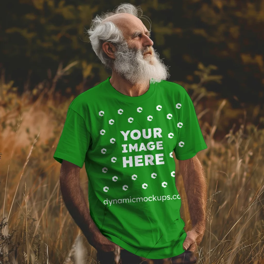 Man Wearing Green T-shirt Mockup Front View Template