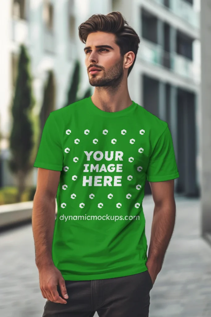 Man Wearing Green T-shirt Mockup Front View Template