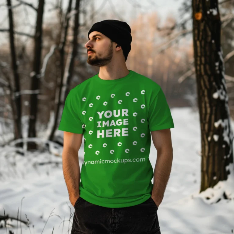 Man Wearing Green T-shirt Mockup Front View Template