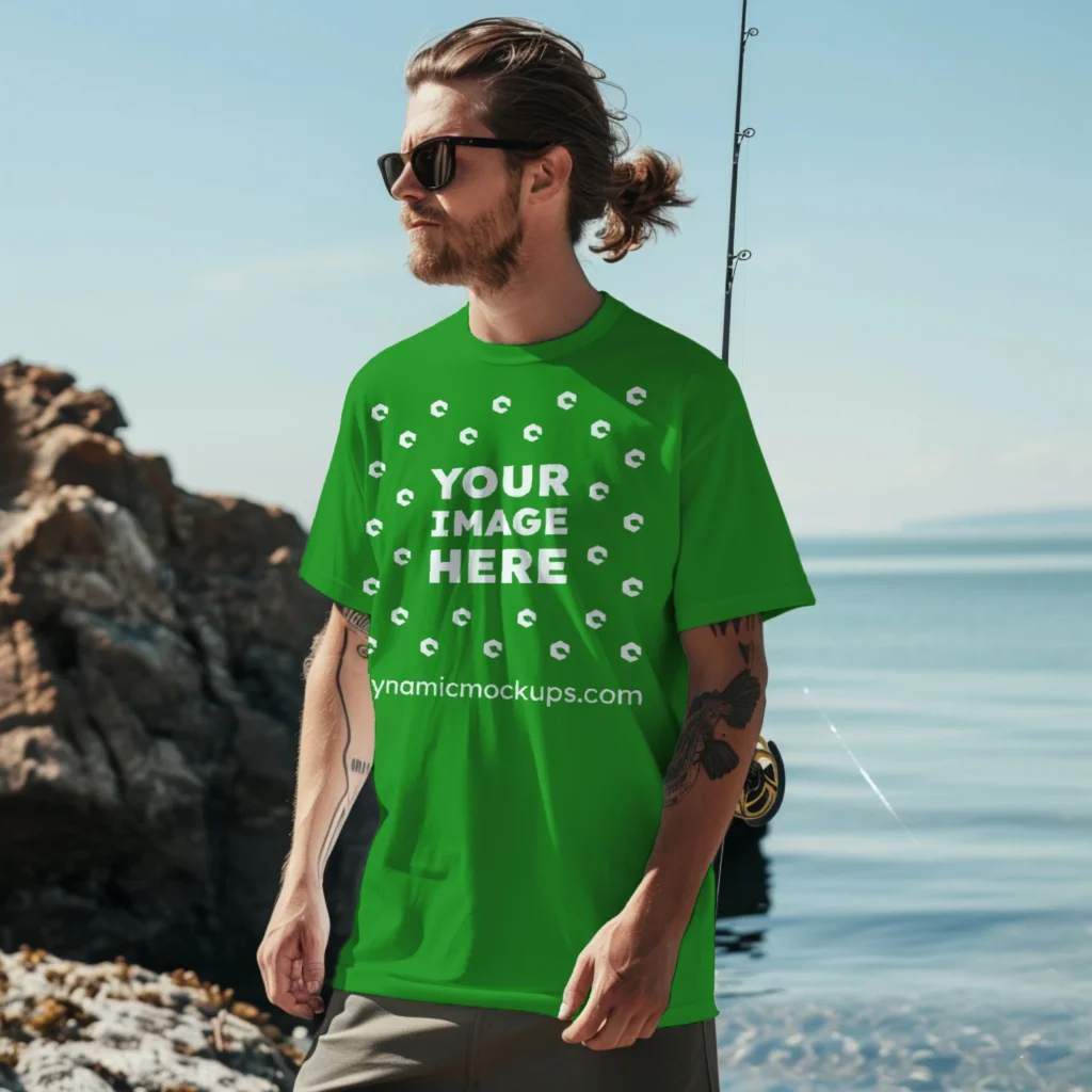 Man Wearing Green T-shirt Mockup Front View Template