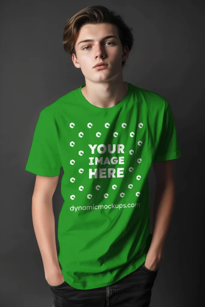 Man Wearing Green T-shirt Mockup Front View Template