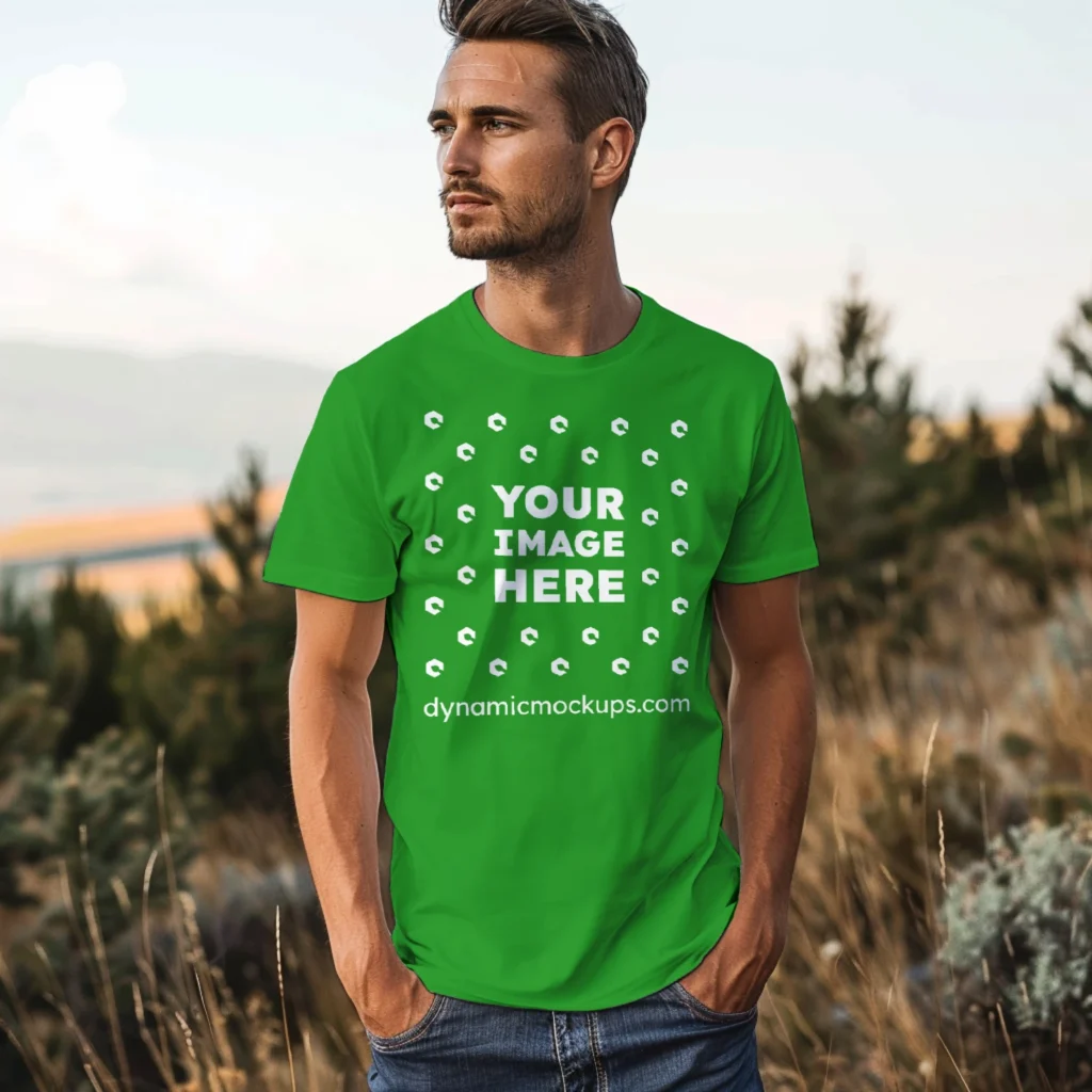 Man Wearing Green T-shirt Mockup Front View Template