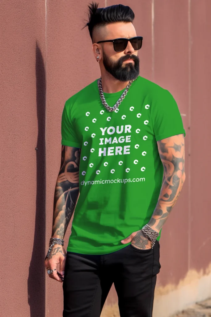 Man Wearing Green T-shirt Mockup Front View Template