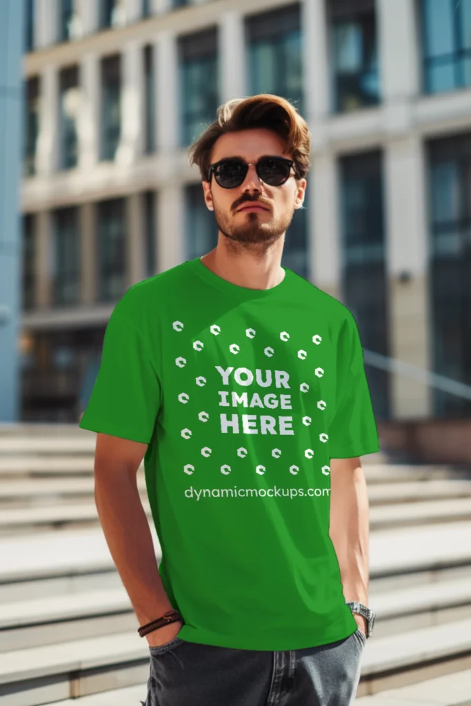 Man Wearing Green T-shirt Mockup Front View Template