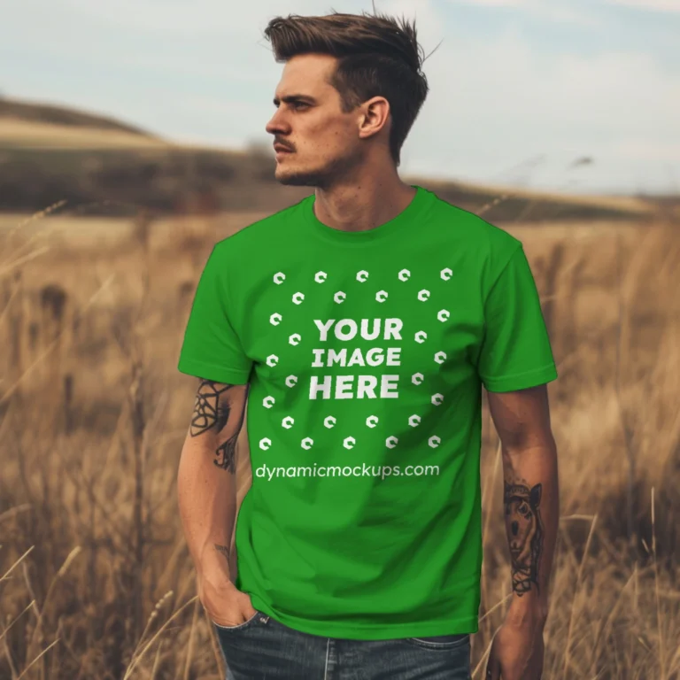 Man Wearing Green T-shirt Mockup Front View Template