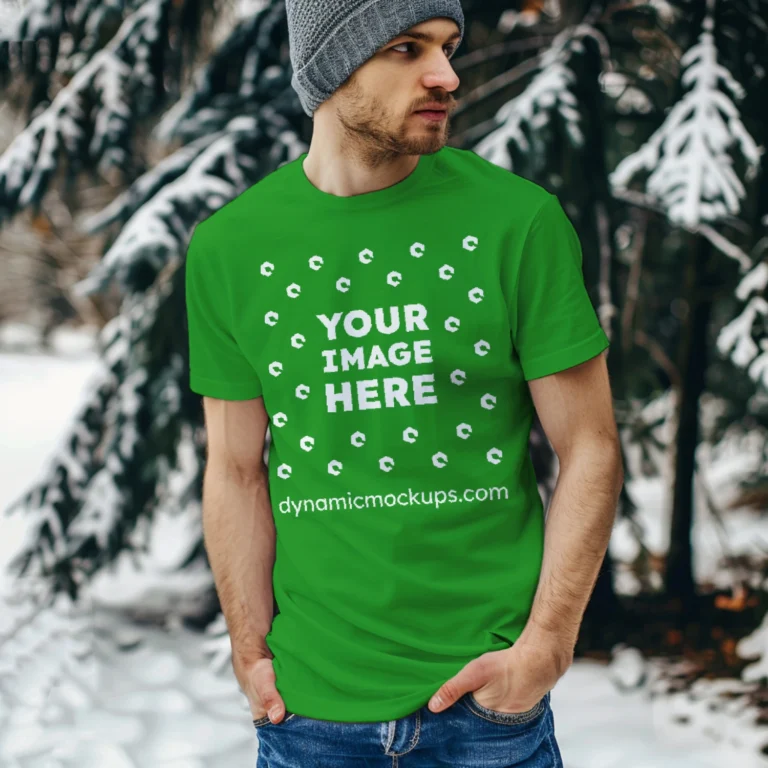 Man Wearing Green T-shirt Mockup Front View Template