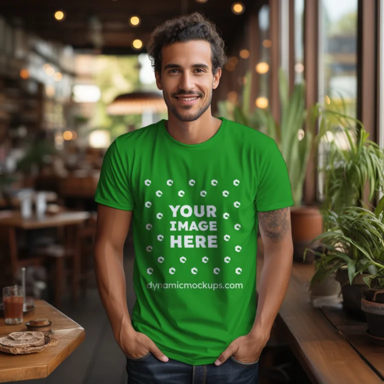 Man Wearing Green T-shirt Mockup Front View Template