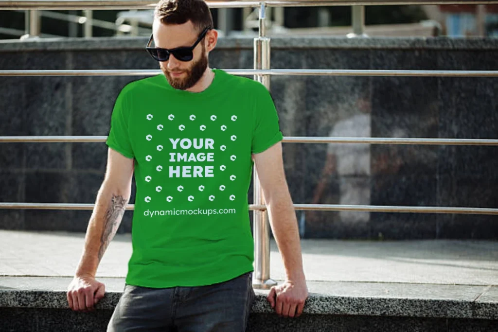 Man Wearing Green T-shirt Mockup Front View Template