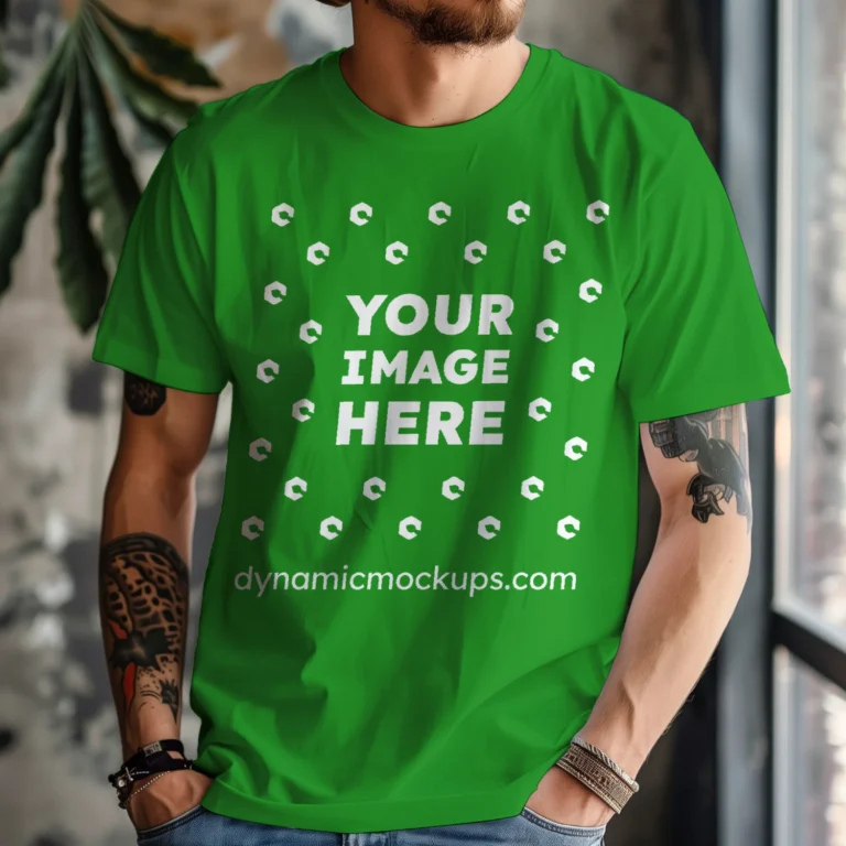 Man Wearing Green T-shirt Mockup Front View Template