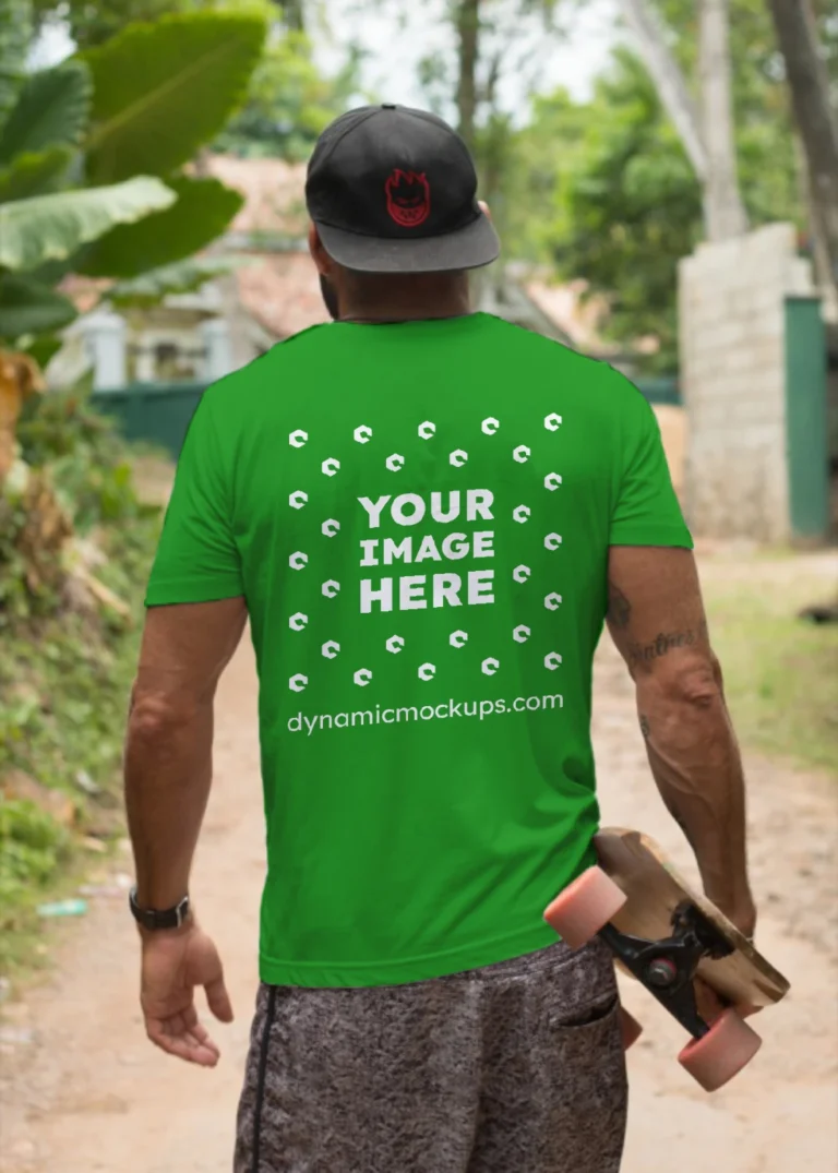 Man Wearing Green T-shirt Mockup Back View Template