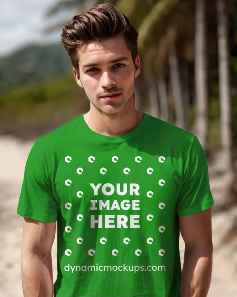 Man Wearing Green T-shirt Mockup Front View Template