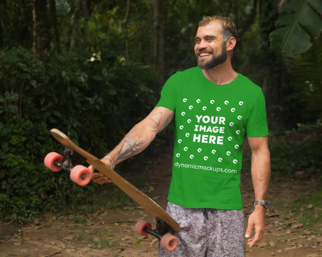 Man Wearing Green T-shirt Mockup Front View Template