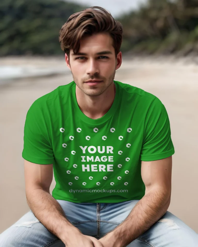 Man Wearing Green T-shirt Mockup Front View Template