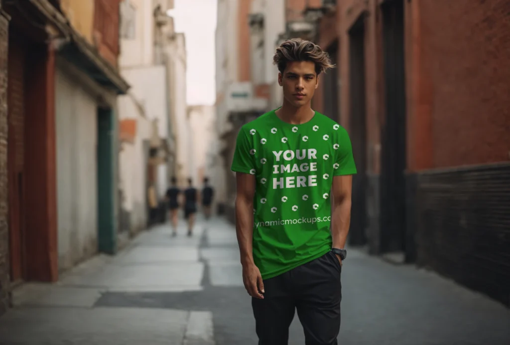 Man Wearing Green T-shirt Mockup Front View Template