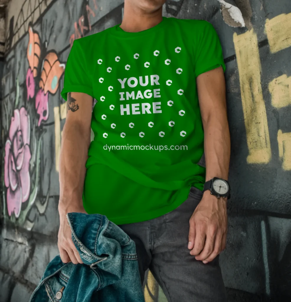 Man Wearing Green T-shirt Mockup Front View Template