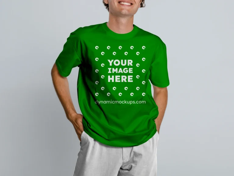 Man Wearing Green T-shirt Mockup Front View Template