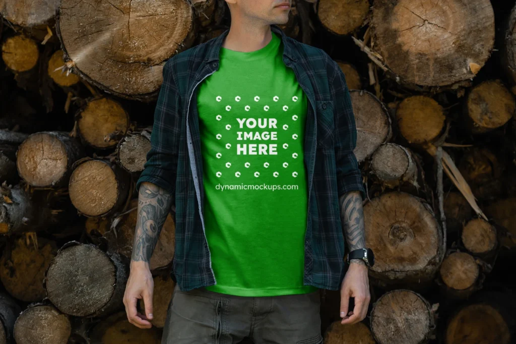 Man Wearing Green T-shirt Mockup Front View Template