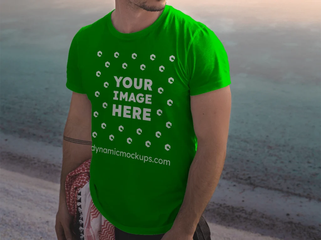 Man Wearing Green T-shirt Mockup Front View Template