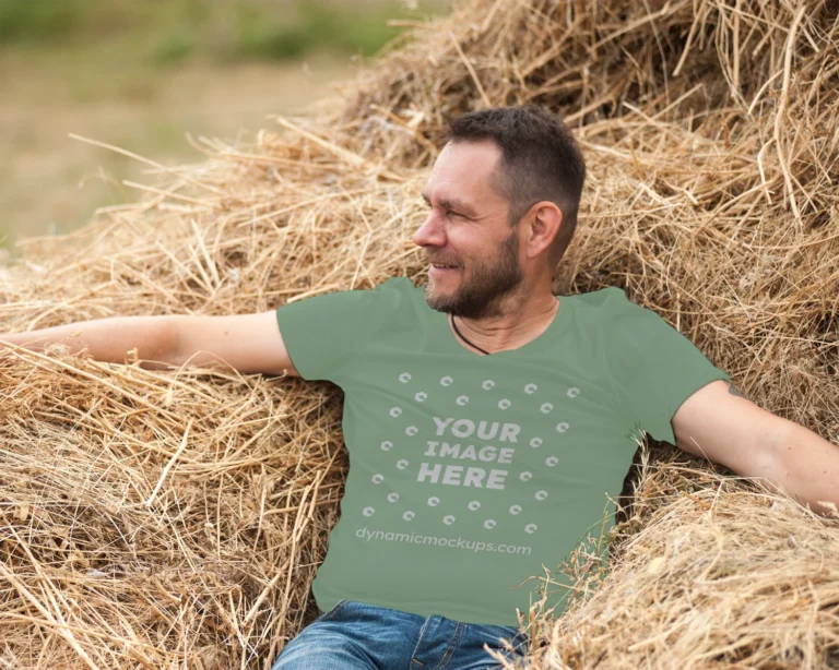 Man Wearing Green T-shirt Mockup Front View Template