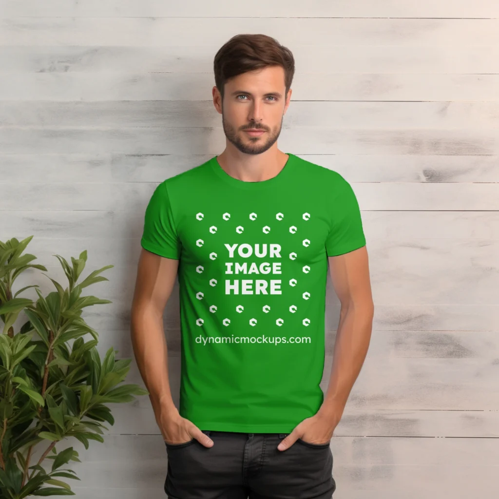 Man Wearing Green T-shirt Mockup Front View Template