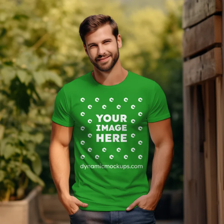 Man Wearing Green T-shirt Mockup Front View Template