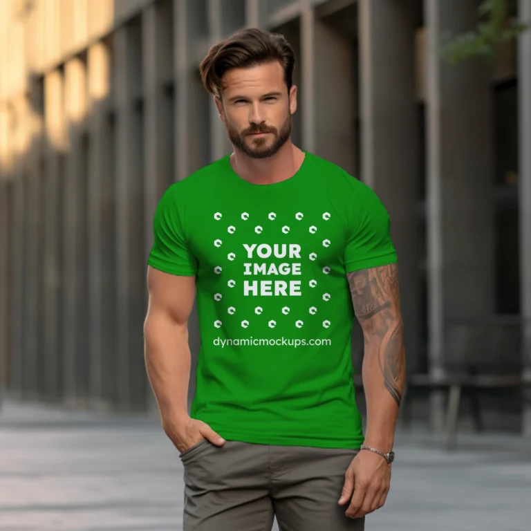 Man Wearing Green T-shirt Mockup Front View Template