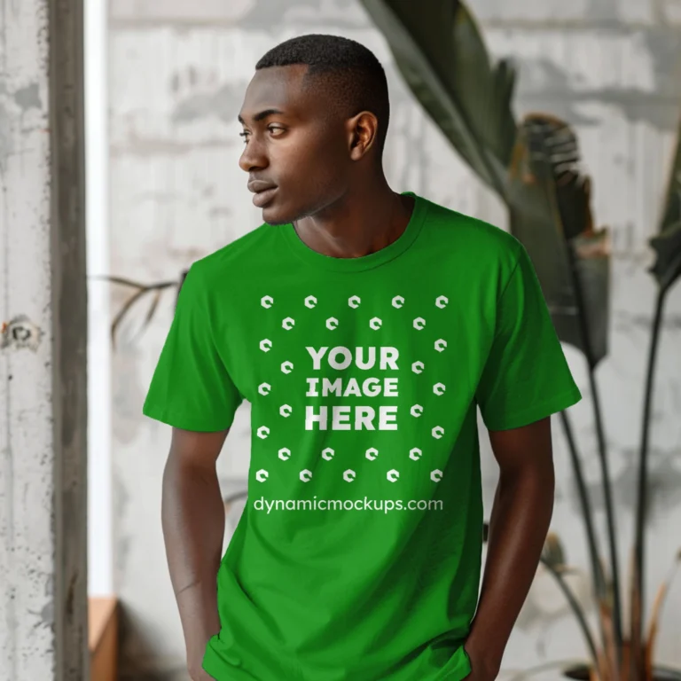 Man Wearing Green T-shirt Mockup Front View Template