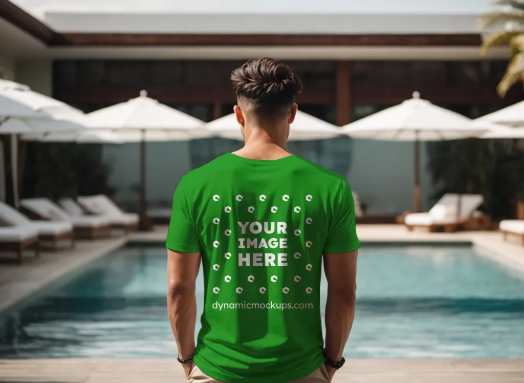 Man Wearing Green T-shirt Mockup Back View Template