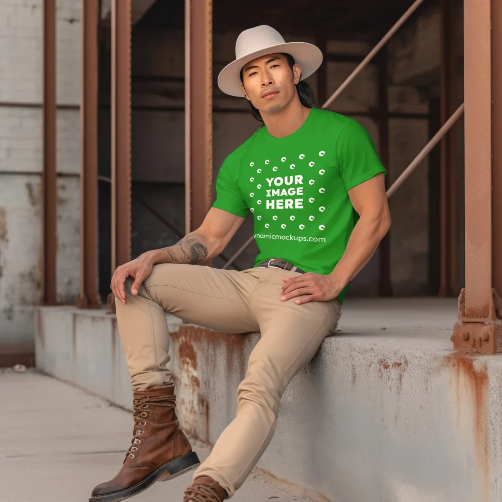 Man Wearing Green T-shirt Mockup Front View Template