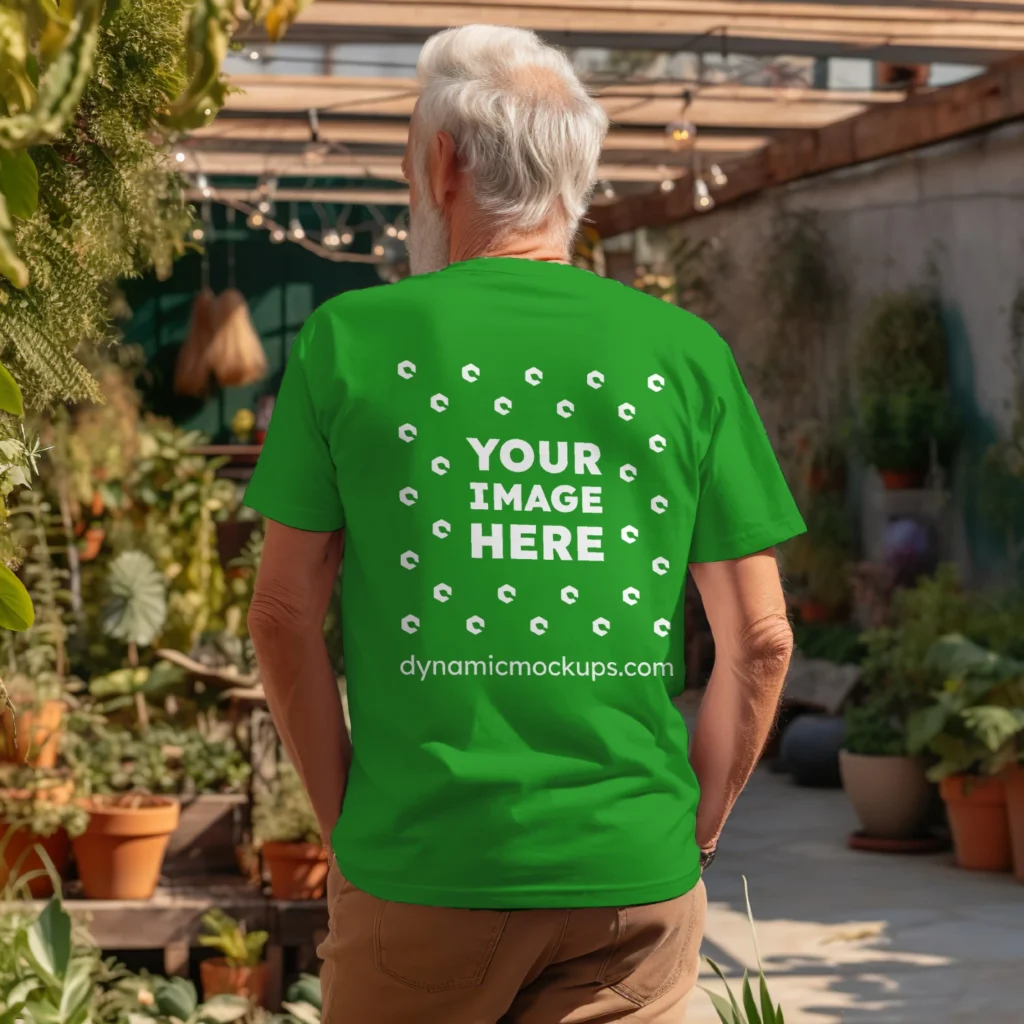 Man Wearing Green T-shirt Mockup Back View Template