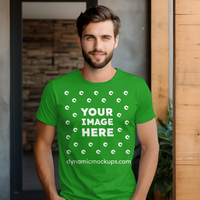 Man Wearing Green T-shirt Mockup Front View Template