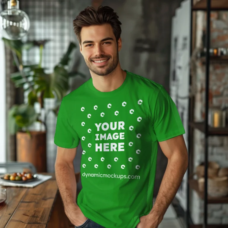 Man Wearing Green T-shirt Mockup Front View Template